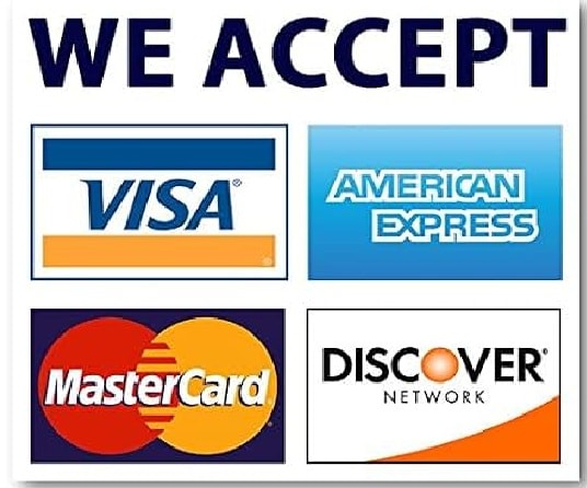 We accept Amex, Visa, Mastercard, Discover and Cash